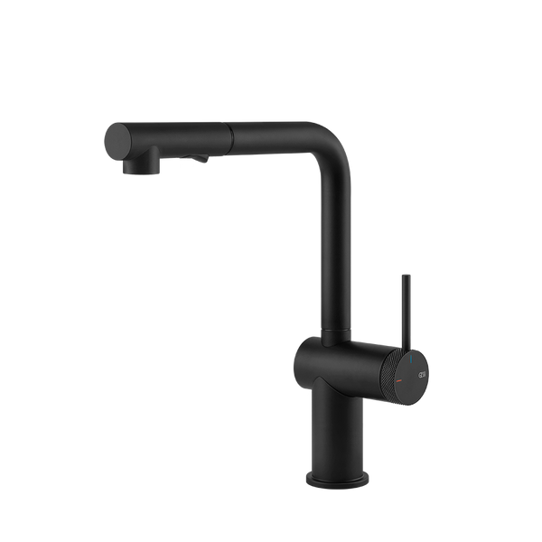 Gessi Inedito keukenmengkraan met L-uitloop en uittrekbare 2-straals handdouche (303 mm hoog) Mat Zwart