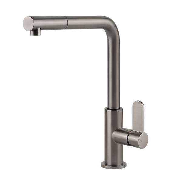 Gessi Acciaio keukenmengkraan met L-uitloop en uittrekbare handdouche Staal Geborsteld
