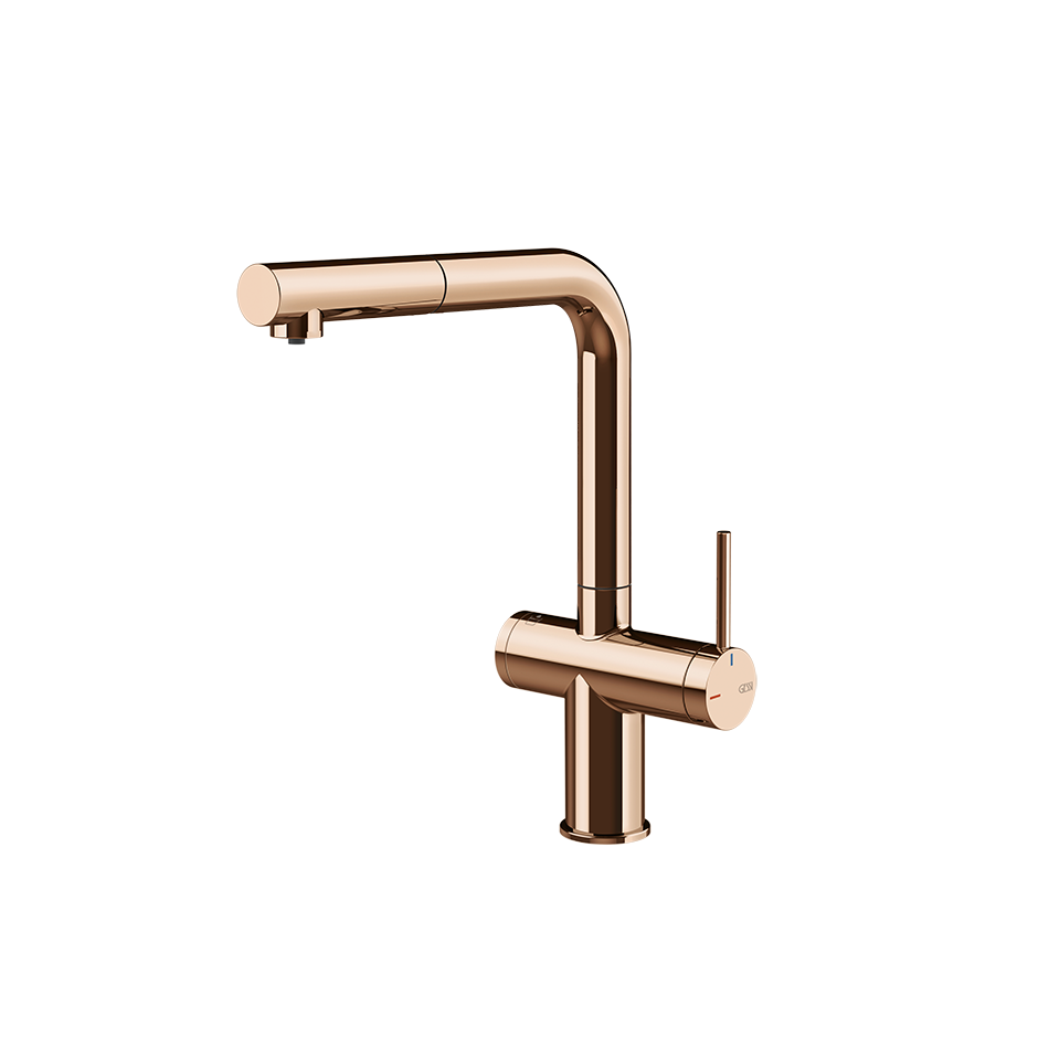 Gessi Inedito filterwaterkraan met L-uitloop en uittrekbare handdouche Koper