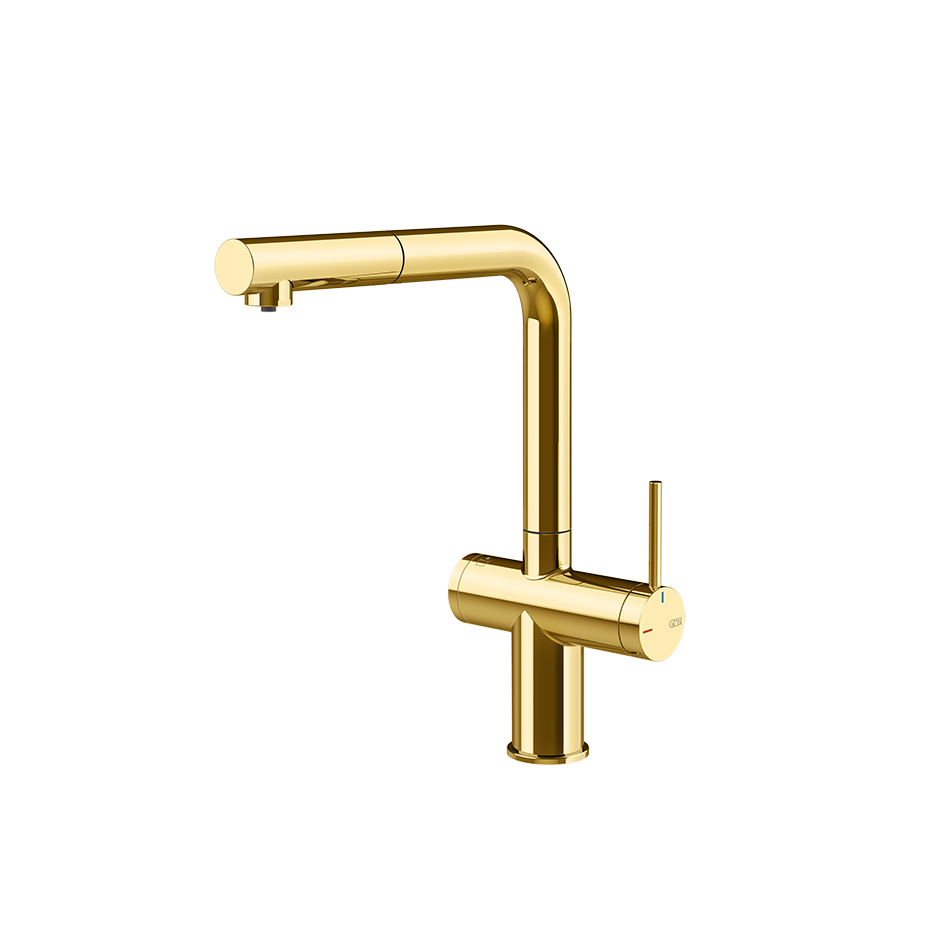 Gessi Inedito filterwaterkraan met L-uitloop en uittrekbare handdouche Goud