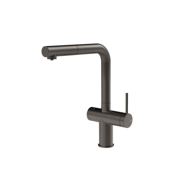 Gessi Inedito filterwaterkraan met L-uitloop en uittrekbare handdouche Zwart Metaal Geborsteld