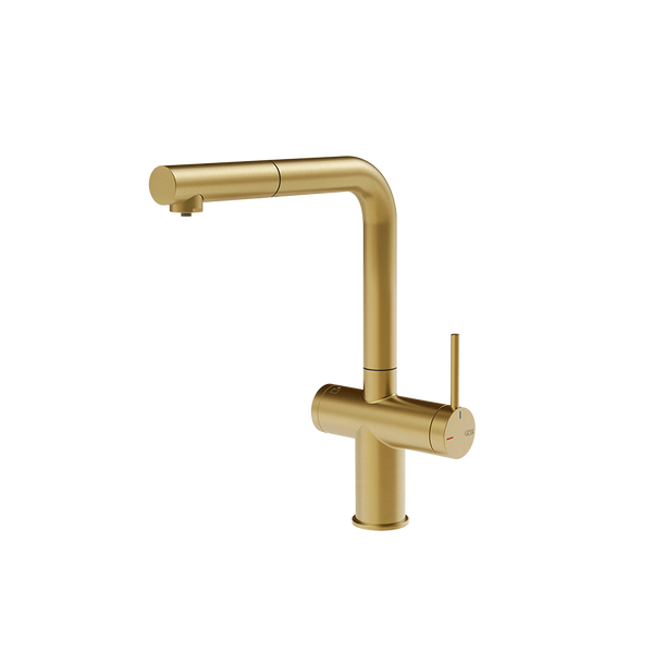 Gessi Inedito filterwaterkraan met L-uitloop en uittrekbare handdouche Geborsteld Goud
