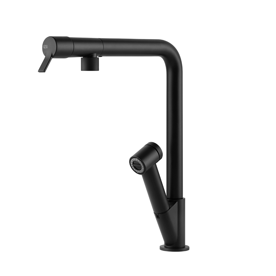 Gessi Fisso keukenmengkraan met L-uitloop en uittrekbare 2-straals handdouche Mat Zwart