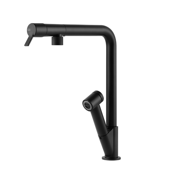 Gessi Fisso keukenmengkraan met L-uitloop en uittrekbare 2-straals handdouche Mat Zwart