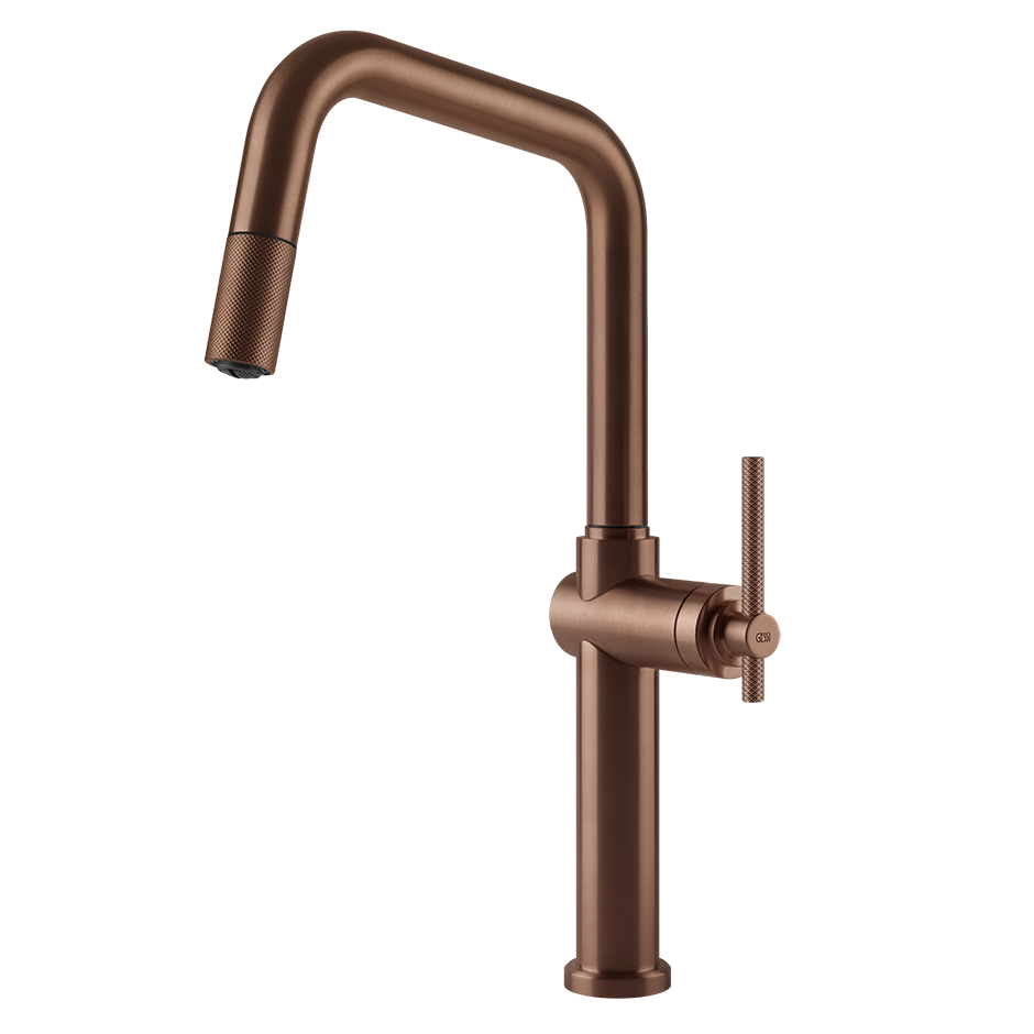 Gessi Habito keukenmengkraan met U-uitloop en uittrekbare handdouche Geborsteld Koper