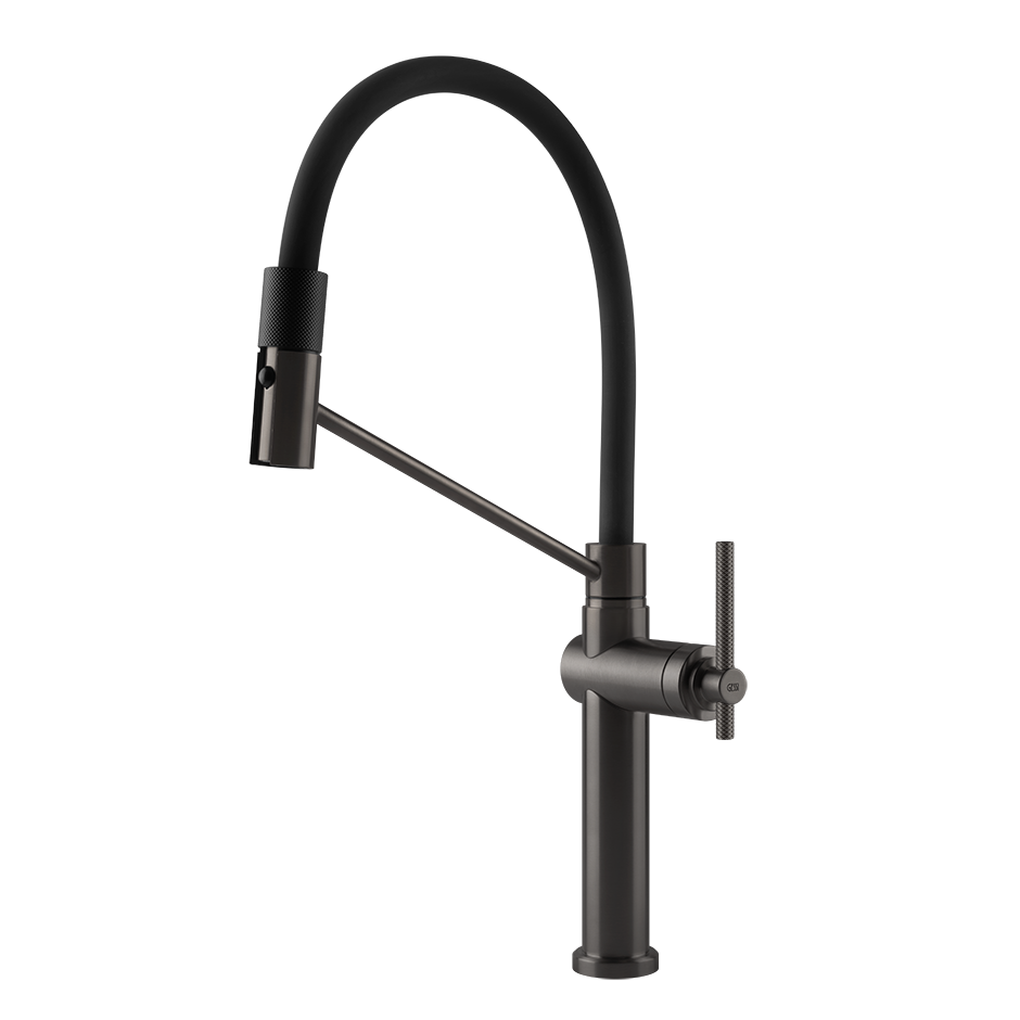 Gessi Habito semi-professionele keukenmengkraan met uittrekbare 2-straals handdouche Zwart Metaal Geborsteld