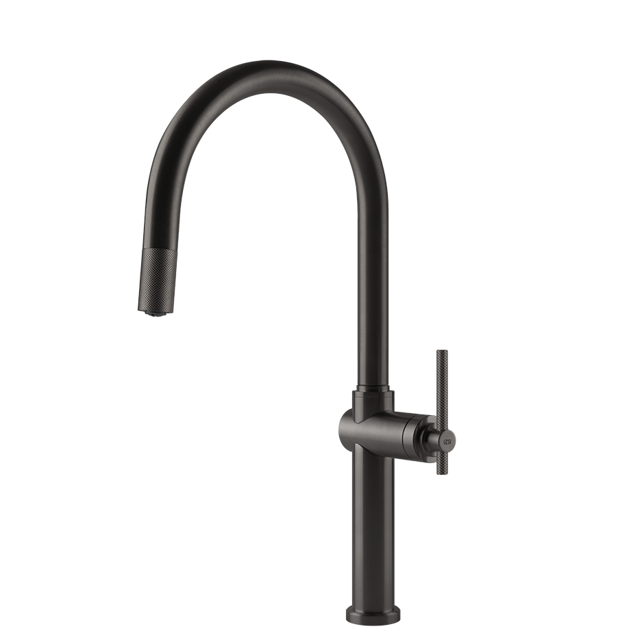 Gessi Habito keukenmengkraan met gebogen uitloop en uittrekbare handdouche Zwart Metaal Geborsteld