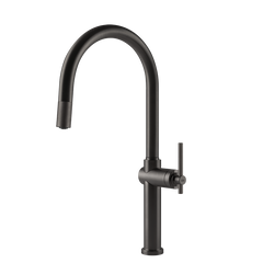 Gessi Habito keukenmengkraan met gebogen uitloop en uittrekbare handdouche Zwart Metaal Geborsteld