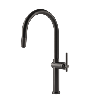 Gessi Habito keukenmengkraan met gebogen uitloop en uittrekbare handdouche Zwart Metaal Geborsteld