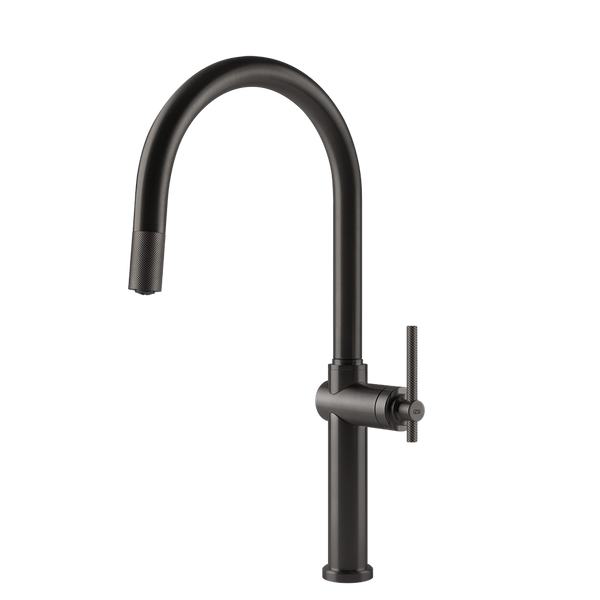 Gessi Habito keukenmengkraan met gebogen uitloop en uittrekbare handdouche Zwart Metaal Geborsteld