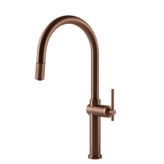 Gessi Habito keukenmengkraan met gebogen uitloop en uittrekbare handdouche Geborsteld Koper