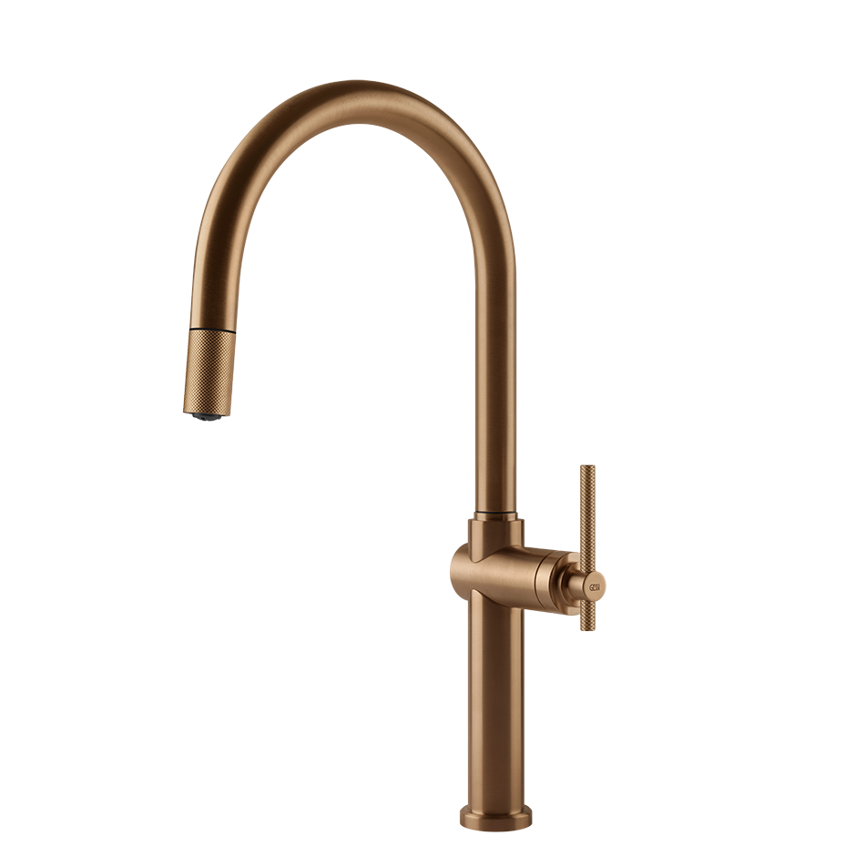 Gessi Habito keukenmengkraan met gebogen uitloop en uittrekbare handdouche Warm Brons Geborsteld