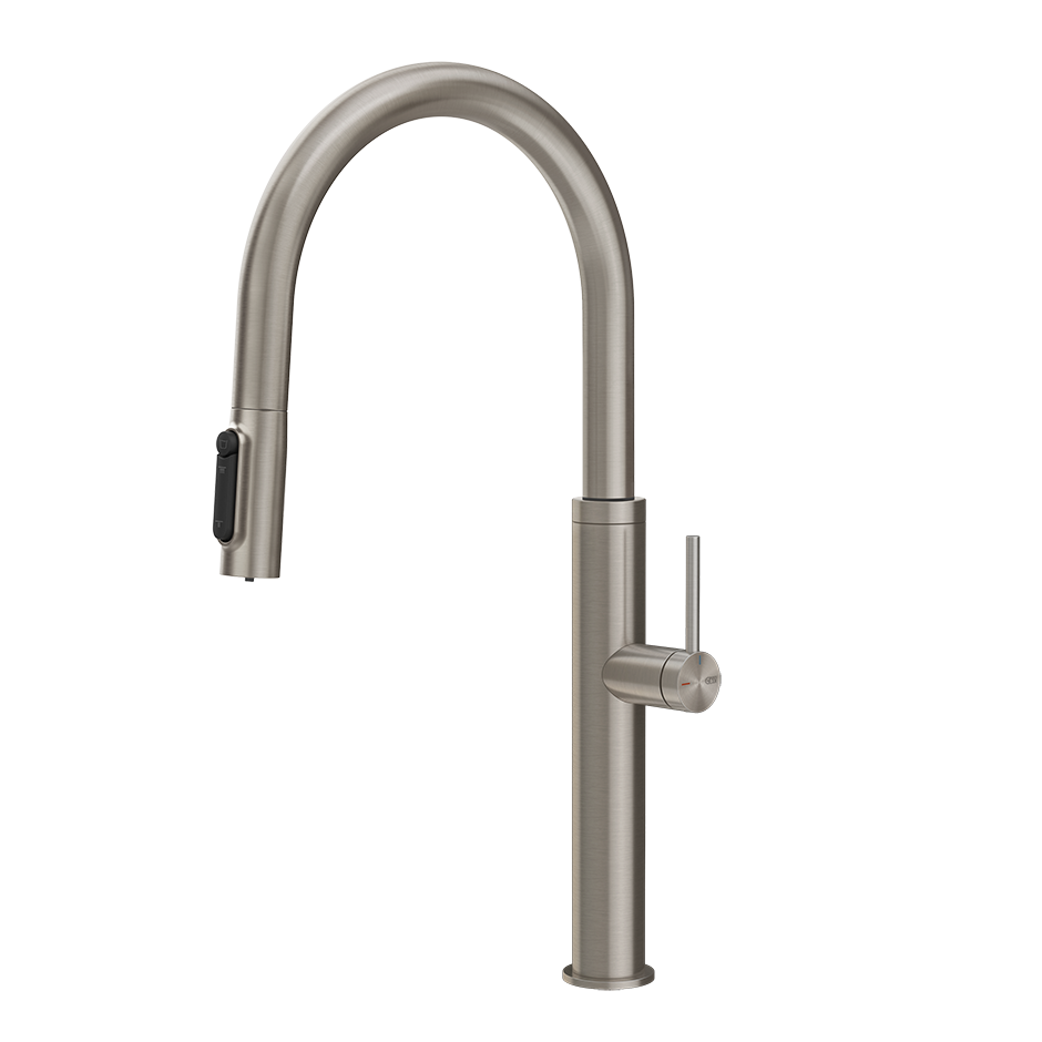 Gessi 316 filterwaterkraan met gebogen uitloop en uittrekbare 2-straals handdouche Staal Geborsteld