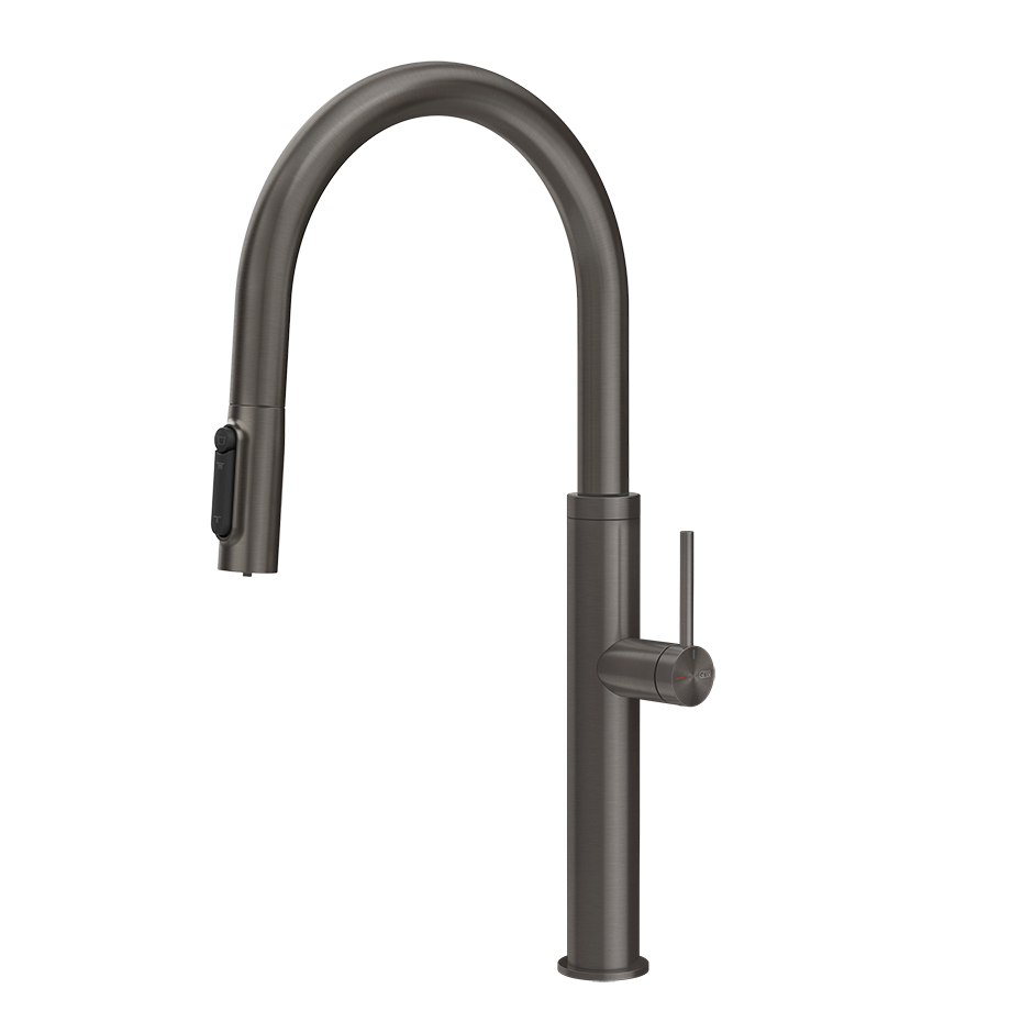 Gessi 316 filterwaterkraan met gebogen uitloop en uittrekbare 2-straals handdouche Zwart Metaal Geborsteld