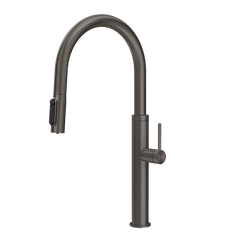 Gessi 316 filterwaterkraan met gebogen uitloop en uittrekbare 2-straals handdouche Zwart Metaal Geborsteld