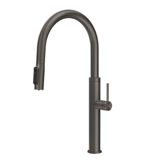 Gessi 316 filterwaterkraan met gebogen uitloop en uittrekbare 2-straals handdouche Zwart Metaal Geborsteld