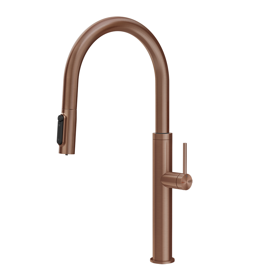 Gessi 316 filterwaterkraan met gebogen uitloop en uittrekbare 2-straals handdouche Geborsteld Koper