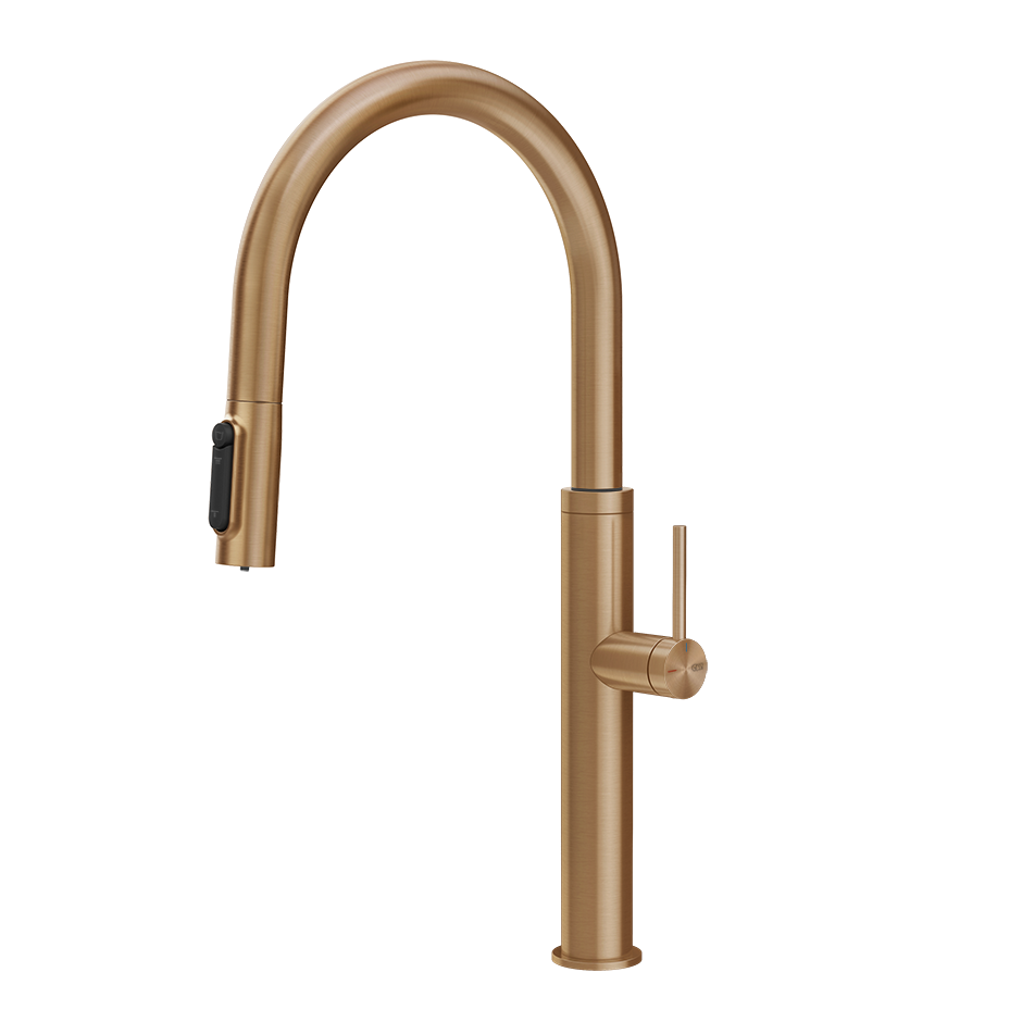Gessi 316 filterwaterkraan met gebogen uitloop en uittrekbare 2-straals handdouche Warm Brons Geborsteld