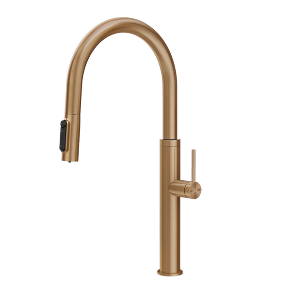 Gessi 316 filterwaterkraan met gebogen uitloop en uittrekbare 2-straals handdouche Warm Brons Geborsteld