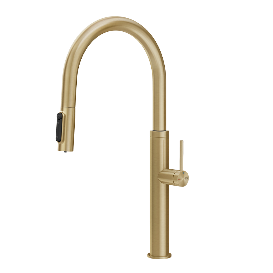 Gessi 316 filterwaterkraan met gebogen uitloop en uittrekbare 2-straals handdouche Messing Geborsteld