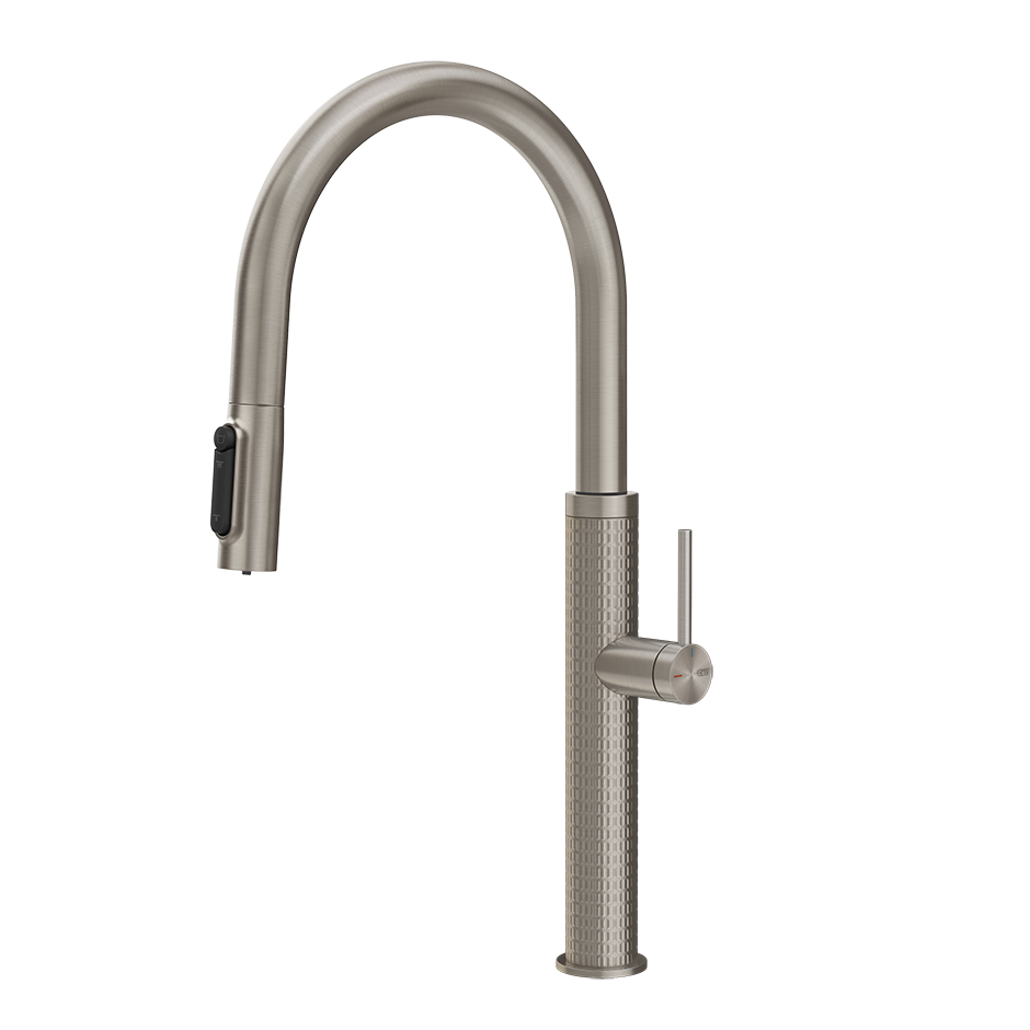 Gessi 316 Meccanica filterwaterkraan met gebogen uitloop en uittrekbare 2-straals handdouche Staal Geborsteld