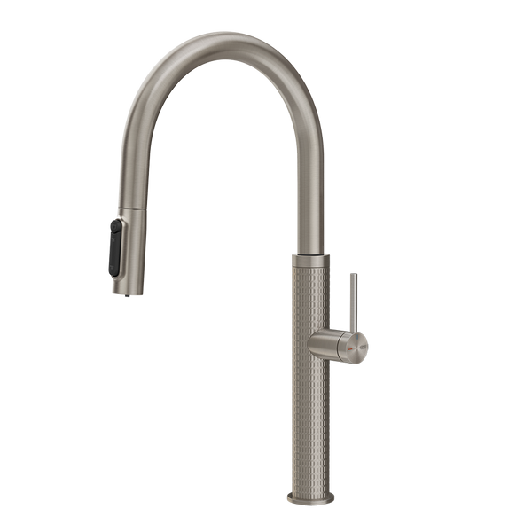 Gessi 316 Meccanica filterwaterkraan met gebogen uitloop en uittrekbare 2-straals handdouche Staal Geborsteld