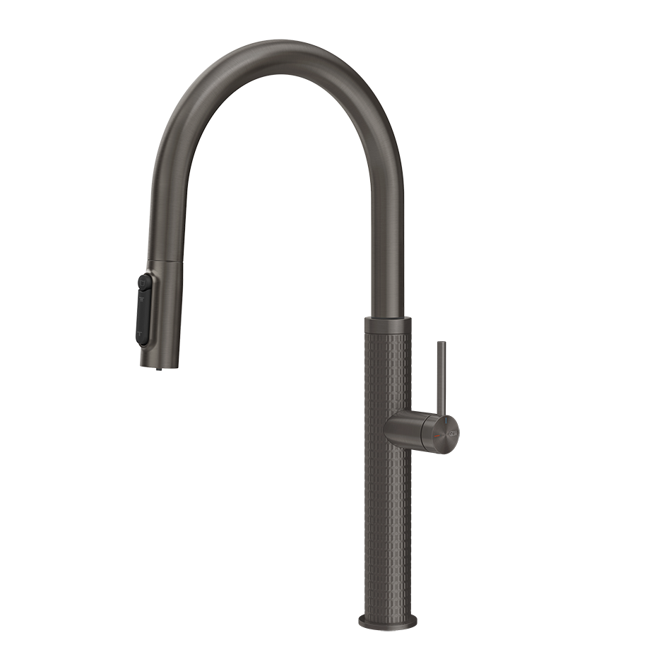 Gessi 316 Meccanica filterwaterkraan met gebogen uitloop en uittrekbare 2-straals handdouche Zwart Metaal Geborsteld