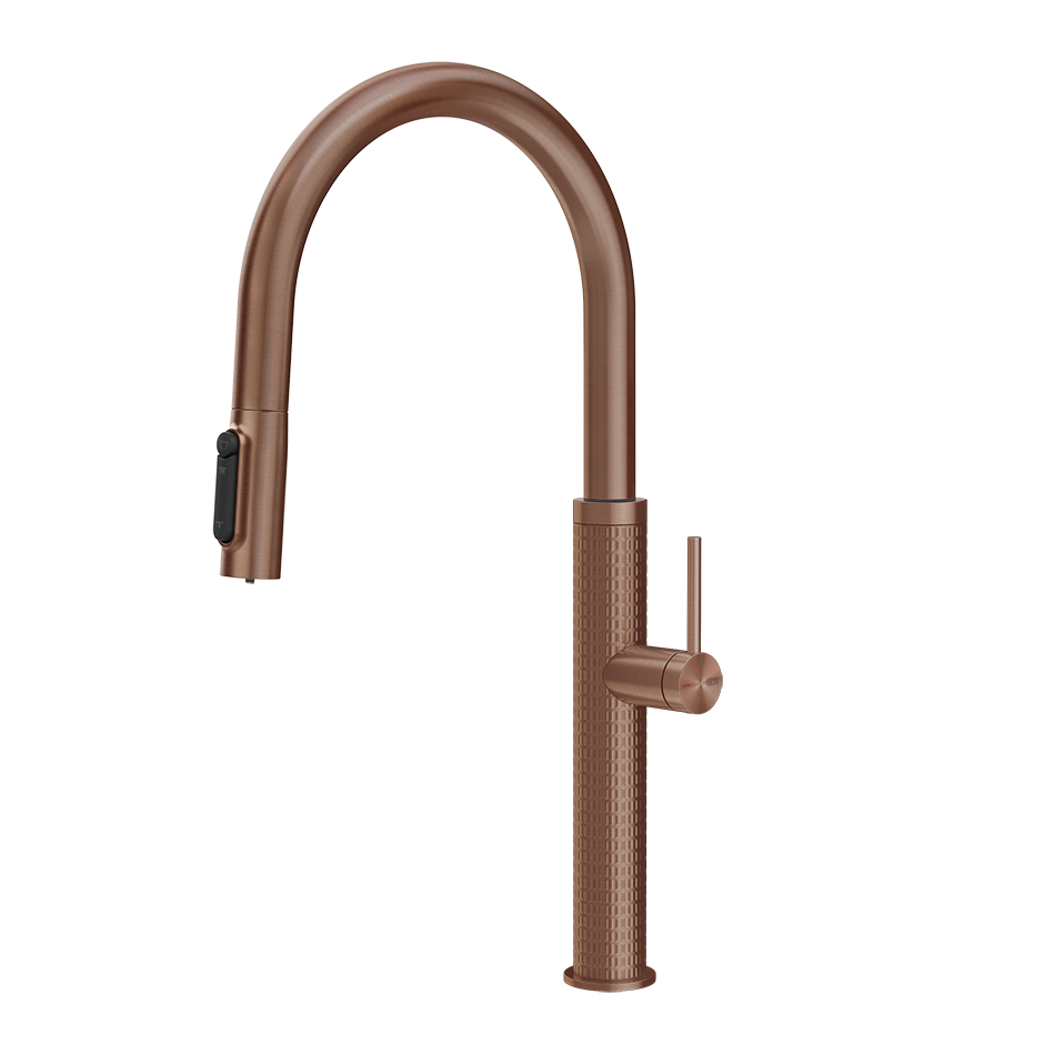 Gessi 316 Meccanica filterwaterkraan met gebogen uitloop en uittrekbare 2-straals handdouche Geborsteld Koper