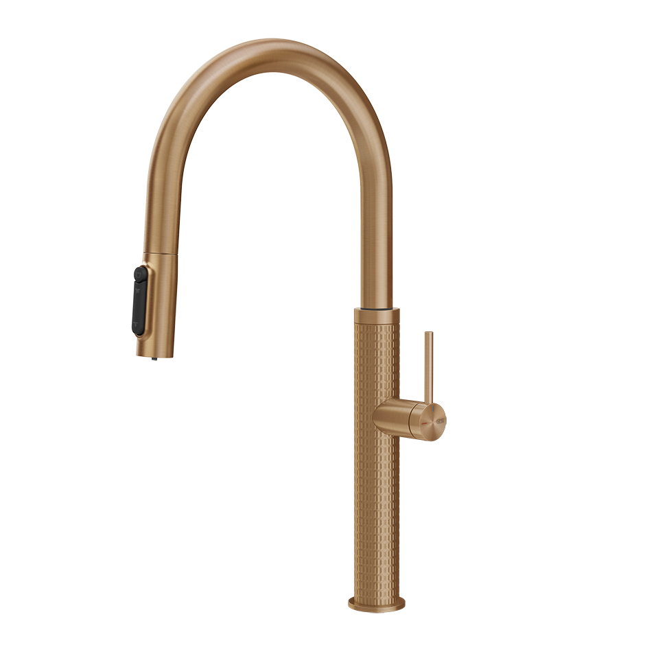Gessi 316 Meccanica filterwaterkraan met gebogen uitloop en uittrekbare 2-straals handdouche Warm Brons Geborsteld