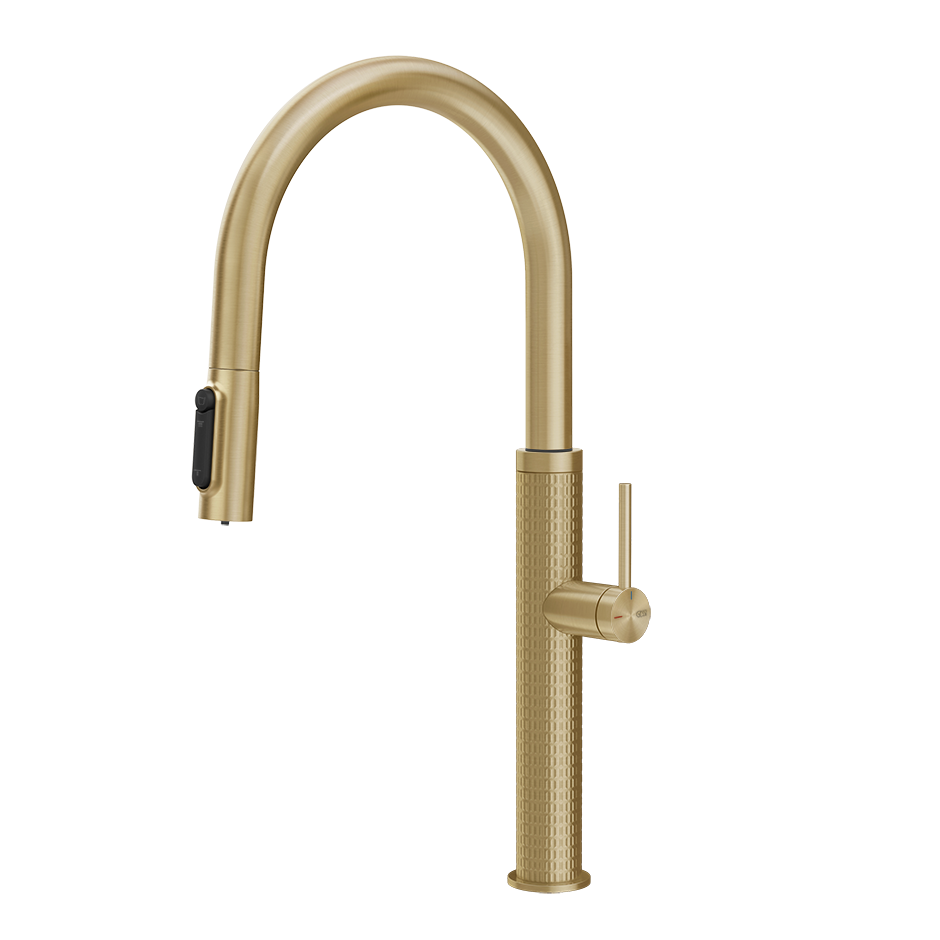 Gessi 316 Meccanica filterwaterkraan met gebogen uitloop en uittrekbare 2-straals handdouche Messing Geborsteld