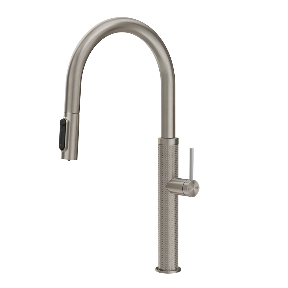 Gessi 316 Cesello filterwaterkraan met gebogen uitloop en uittrekbare 2-straals handdouche Staal Geborsteld
