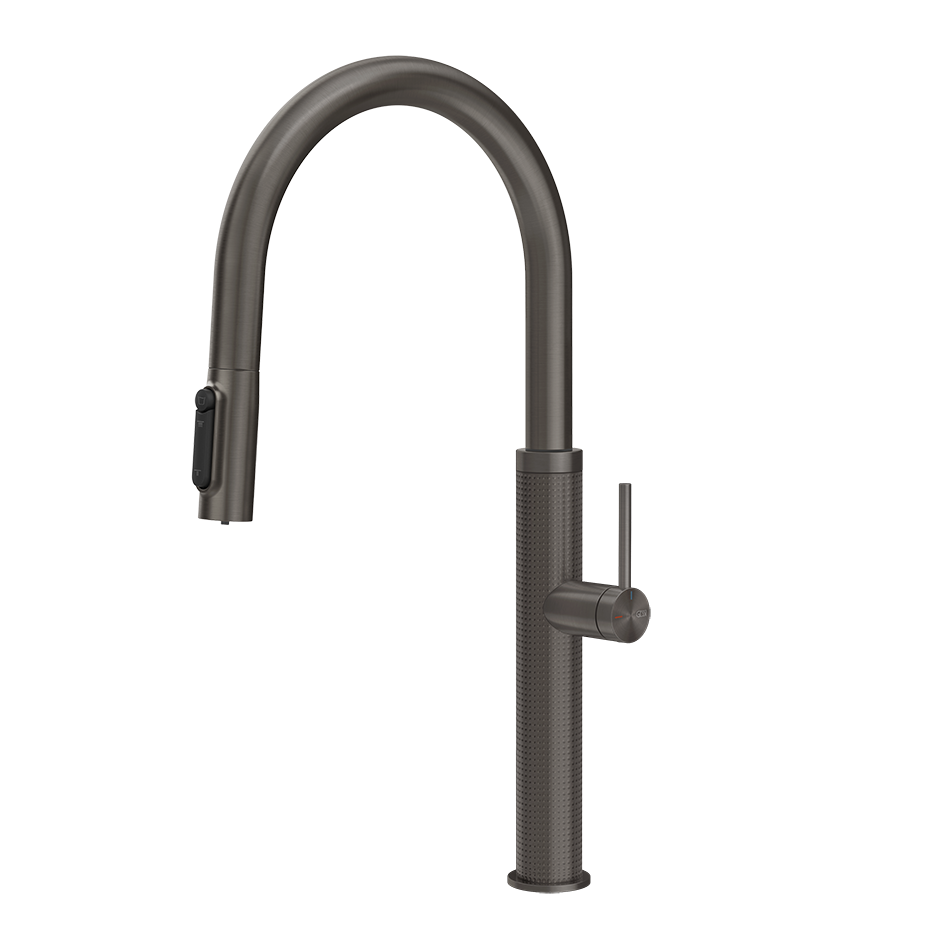 Gessi 316 Cesello filterwaterkraan met gebogen uitloop en uittrekbare 2-straals handdouche Zwart Metaal Geborsteld