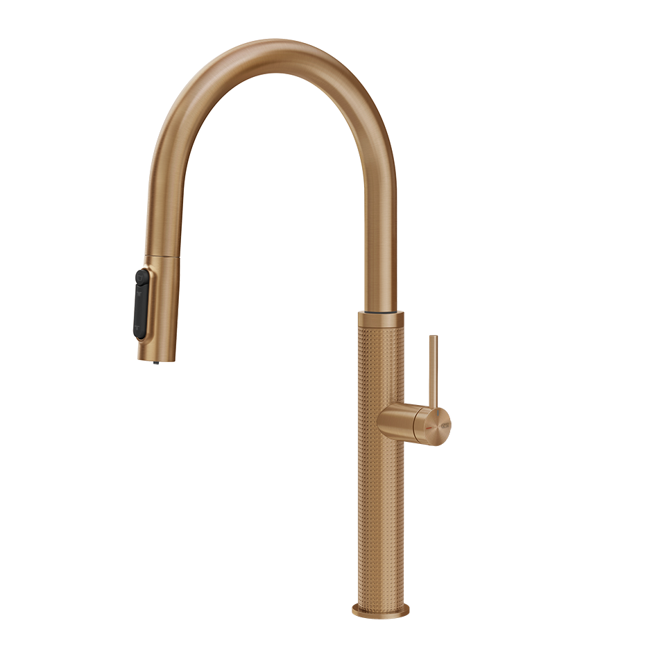 Gessi 316 Cesello filterwaterkraan met gebogen uitloop en uittrekbare 2-straals handdouche Warm Brons Geborsteld