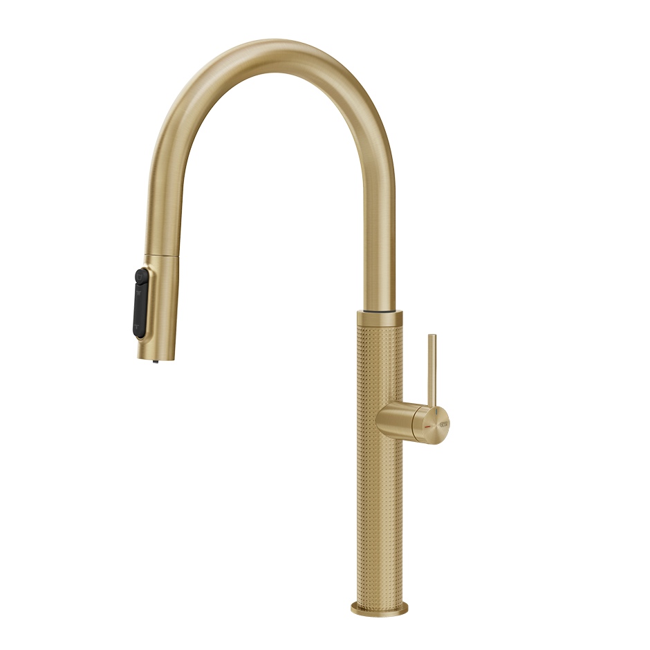 Gessi 316 Cesello filterwaterkraan met gebogen uitloop en uittrekbare 2-straals handdouche Messing Geborsteld