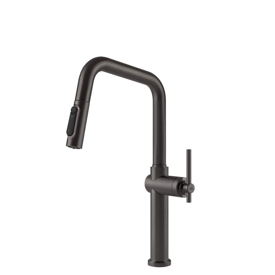 Gessi Habito Diamantato filterwaterkraan met U-uitloop en uittrekbare 2-straals handdouche Zwart Metaal Geborsteld