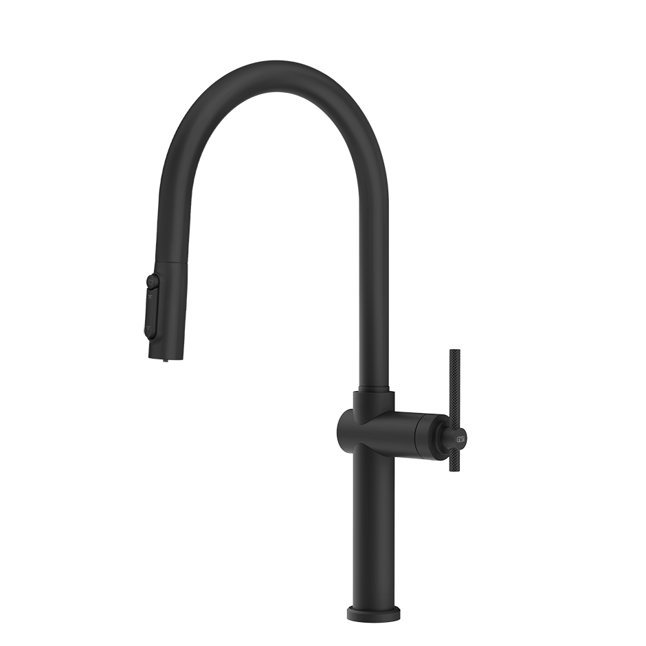 Gessi Habito Diamantato filterwaterkraan met gebogen uitloop en uittrekbare 2-straals handdouche Mat Zwart