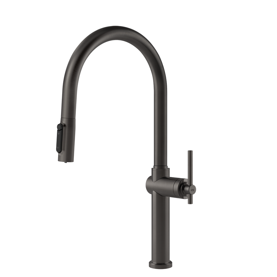 Gessi Habito Diamantato filterwaterkraan met gebogen uitloop en uittrekbare 2-straals handdouche Zwart Metaal Geborsteld