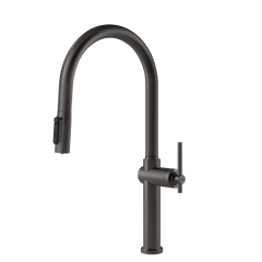 Gessi Habito Diamantato filterwaterkraan met gebogen uitloop en uittrekbare 2-straals handdouche Zwart Metaal Geborsteld