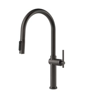 Gessi Habito Diamantato filterwaterkraan met gebogen uitloop en uittrekbare 2-straals handdouche Zwart Metaal Geborsteld