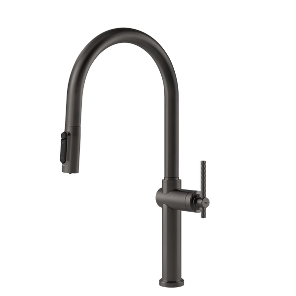Gessi Habito Diamantato filterwaterkraan met gebogen uitloop en uittrekbare 2-straals handdouche Zwart Metaal Geborsteld