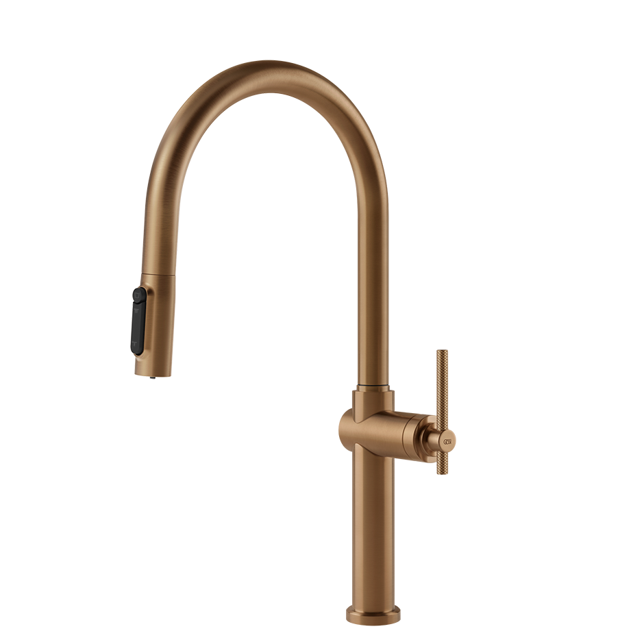 Gessi Habito Diamantato filterwaterkraan met gebogen uitloop en uittrekbare 2-straals handdouche Warm Brons Geborsteld