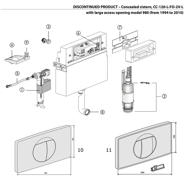 Sanit onderdelen 980 inbouw reservoir met grote opening 1994-2010 CC-120-L-FO-2V-L