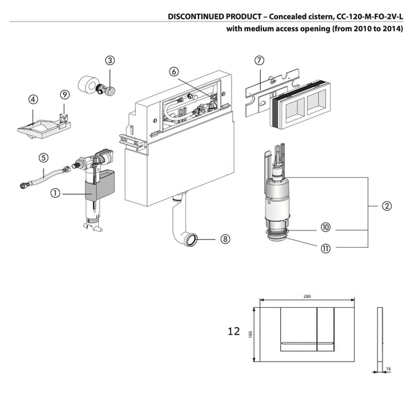Sanit onderdelen inbouw reservoir met medium opening 2010-2014 CC-120-M-FO-2V-L