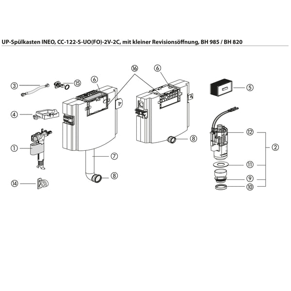 Sanit onderdelen INEO inbouw reservoir met kleine opening CC-122-S-UO(FO)-2V-2C top of front bediening BH 985 / BH 820