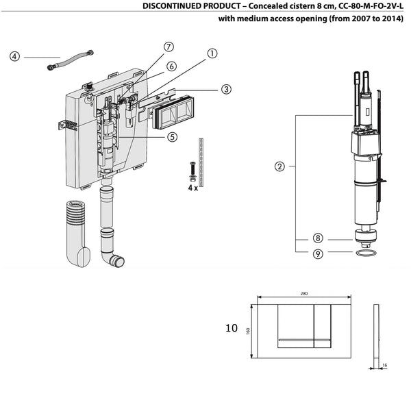 Sanit onderdelen 8cm ondiep inbouw reservoir met medium opening 2007-2014 CC-80-M-FO-2V-L