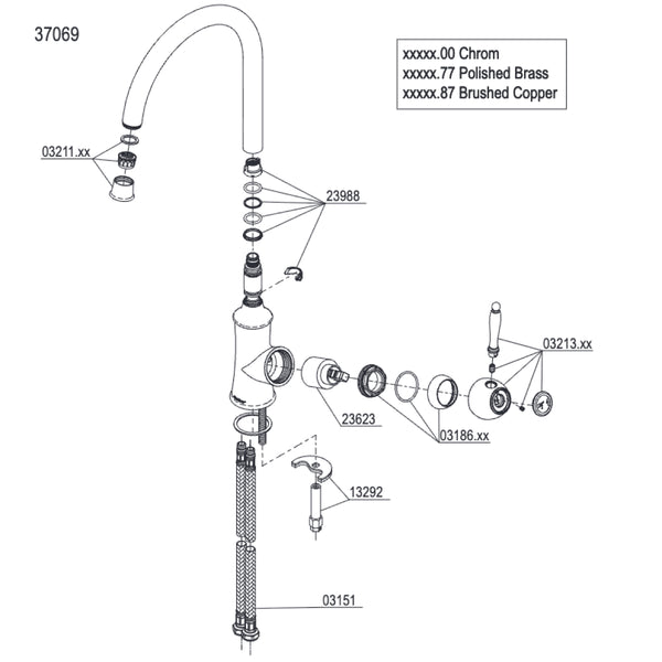 Damixa onderdelen Tradition keukenmengkraan 1-greeps hoge c-uitloop Chroom 3706900