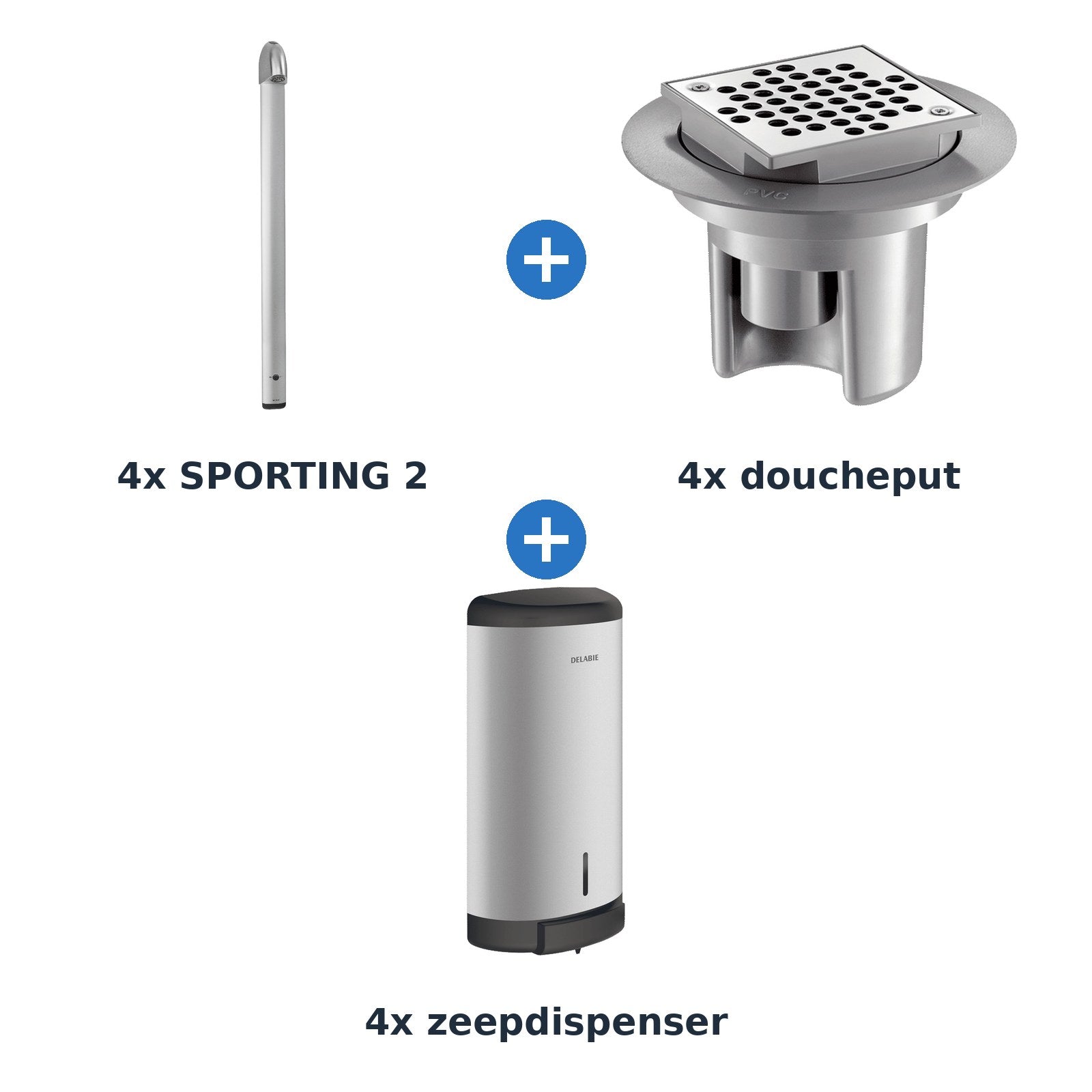 Delabie douche-opstelling elektronisch 4 douches SPORTING 2 op netspanning aluminium - overzicht