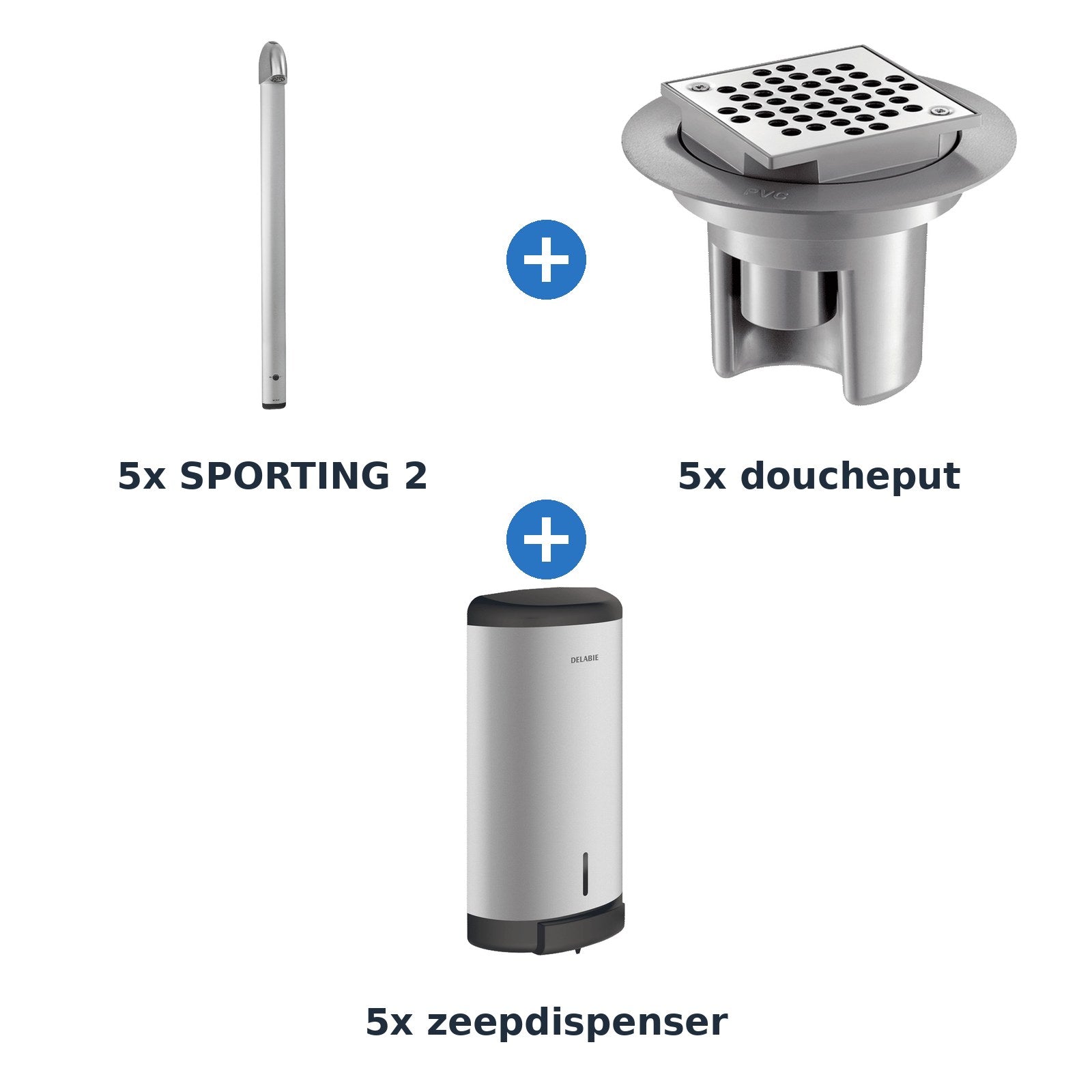 Delabie douche-opstelling elektronisch 5 douches SPORTING 2 op netspanning aluminium - overzicht