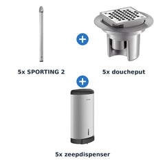 Delabie douche-opstelling elektronisch 5 douches SPORTING 2 op netspanning aluminium - overzicht