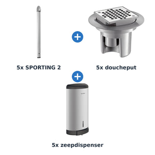 Delabie douche-opstelling elektronisch 5 douches SPORTING 2 op netspanning aluminium - overzicht
